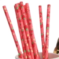 Pink paper straws with strawberry and flower patterns for birthday party tableware - Strawberry Print Straws