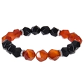 Pulsera elástica de ágata facetada naranja y negra con espaciadores plateados - Pulsera de Ágata Roja y Obsidiana