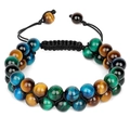 Double-layer 8mm blue tiger eye stone braided bracelet with adjustable cord closure - Blue + Green + Yellow Tiger Eye