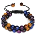 Detail of multi-color 8mm tiger eye beads with adjustable double-layer woven cord - Blue + Purple + Yellow Tiger Eye