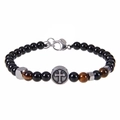 Dettaglio del bracciale con perline di onice, occhio di tigre e ciondolo a croce - Braccialetto di Ossidiana