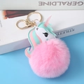 Detail of pink plush unicorn keychain with PU leather head and silver metal keyring - Light Gold 4-Link Lobster Clasp / 8cm Deep Pink Unicorn
