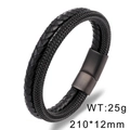 Men's double-layer black braided leather bracelet with gray magnetic stainless steel clasp - Black (KB169412-WGYY)