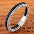 Double-layer braided bracelet with black leather and silver mesh metal magnet clasp - Steel Color (KB169413-WGYY)
