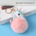 Close-up of cute unicorn PU leather keychain with a soft pink faux fur pom pom detail - Light Gold 4-Link Lobster Clasp / 8cm Korean Pink Unicorn
