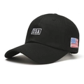 Black cotton baseball cap featuring USA white embroidery and American flag patch - One Size / Black
