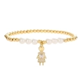 Gold beaded stretch bracelet featuring white pearls and a heart zircon girl pendant - Little Girl-White Zircon