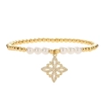 Elegante bracciale con perline dorate e perle bianche con ciondolo a fiore in zircone lucido - Stile Floreale a Croce (CN001827YH)