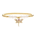 Elegante bracciale con ciondolo a libellula placcato oro con ali di cristallo e perle bianche - Stile Libellula (CN001815YH)