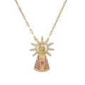 Gold-plated religious crown pendant necklace with pink and white cubic zirconia stones - Rose Red