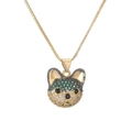 Detailed view of dog pendant necklace with micro-pave crystals on polished gold chain - Green (CN001792YH)