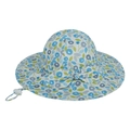 White baby sun hat with blue floral pattern, wide brim and adjustable chin strap - 50cm Circumference 1-2Y / Blue Circle