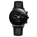 Men's black quartz chronograph watch with leather strap and blue hands on white background - Rose Gold Hands Black Strap