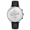 YOLAKO men's quartz watch with silver case, white dial, calendar, and black leather strap - White Dial Black Strap