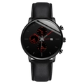 Men's fashion black chronograph watch with leather strap and blue hands detail - Red Hands Black Strap