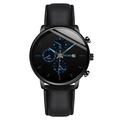 Men's fashion watch with black leather strap, blue hands and date display function - Black Band Blue Needle
