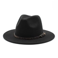 Close-up of black wool fedora featuring a leopard print band and gold buckle detail - M (56-58cm) / Black