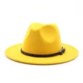Detail of yellow wool fedora hat with wide brim, brown leopard band and gold buckle - M (56-58cm) / Yellow
