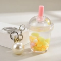 Portachiavi Bubble Tea con cannuccia rosa, glitter liquidi e ciondolo con perla bianca - Catena con Chiusura a Moschettone + Mini Tazza di Bubble Tea + Perla / Giallo Limone