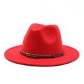 Sombrero fedora de lana roja clásica con ala plana y banda decorativa de cuero marrón - M (56-58cm) / Rojo