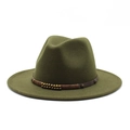 Close-up of olive green wool fedora hat with brown leather band and bronze metal beads - Army Green
