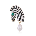 Gold zebra head brooch with black enamel stripes, green gem eye, and white pearl drop - Black & White Zebra (With White Pearl)(C196-A)