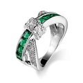 Crossed 925 silver ring featuring emerald cut green zircon and white crystal accents - US 7 / Emerald