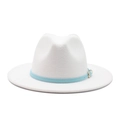 Classic white wool felt wide brim fedora hat with light blue leather band and gold buckle - M (56-58cm) / White