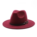 Detail of wine red wool fedora with black decorative band and interlocking silver rings - M (56-58cm) / Top Hat / Burgundy