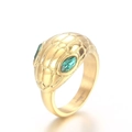 Punk style gold snake ring with green stone eyes and textured stainless steel finish - US 8 / Gold