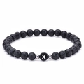 6mm natural lava rock elastic bracelet featuring a polished black bead with letter X - Letter X