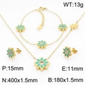 Set di gioielli in acciaio al titanio dorato con collana e bracciale a margherita verde - Set 3 Pezzi Collana Bracciale Orecchini Oro (KS200368-LX)