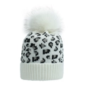 Detail of white knit beanie with black leopard print and fluffy faux fur pom-pom topper - White