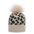 Detail of leopard print knitted beanie with soft faux fur pompom and ribbed cuff - Pink