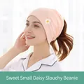 Pink knit postpartum maternity hat with small daisy embroidery and soft cotton texture - Sweet Little Daisy / Pink