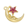 Close-up of golden crescent moon face pendant with pink zircon star detail - Rose Red Zirconia