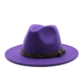 Detail of purple felt fedora hat featuring a leopard print leather band and wide brim - M (56-58cm) / Purple