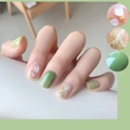 Matcha green marble press-on nails with gold foil and shell slices for women - With Glue Style