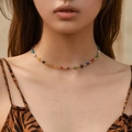 Handmade bohemian choker with colorful beaded flowers and golden metal spacers - Multi-color Dopamine Beaded Flower Choker (KN0065) / 18K Gold
