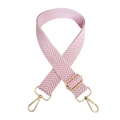 Detail of pink and white herringbone pattern wide strap with adjustable gold metal buckle - White Pink Gold Clasp