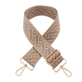 Close-up of khaki woven jacquard wide shoulder strap with gold metal hooks on white background - Beige Flesh Pink Khaki