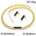 18K gold plated stainless steel jewelry set with black rectangular shell inlay pendants - Necklace + Earrings Set / Black (KS215413-LX)