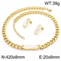 Golden chunky chain necklace and earring set with rectangular white shell inlays - Necklace + Earrings Set / Shell (KS215414-LX)
