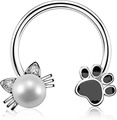Detail of silver nose hoop with white pearl cat face and black enamel paw design - 1.2x10mm / Paw & Cat