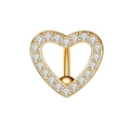 Nahaufnahme eines goldenen herzförmigen Bauchnabelpiercings mit weißen Zirkonia - Gold