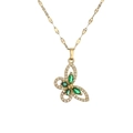 Gold hollow butterfly necklace with green and white rhinestones on leaf chain link - Double Layer Green & White Stone Butterfly (CN001521YH)