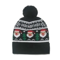 Detail of black knit Christmas beanie with HO! HO! HO! text and Santa festive patterns - 56-60cm / Style F(ZZM61)