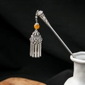 Silver vintage hair pin with hollow pendant and yellow agate bead in ceramic vase - Silver/F388/Yellow Agate Pendant