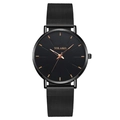 Minimalist men's black quartz watch with rose gold indices and Milanese mesh band - Rose Gold Hands Black Case Black Leather Strap