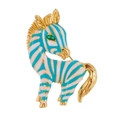 Vintage retro zebra brooch pin featuring blue white enamel stripes and green crystal eye - Blue